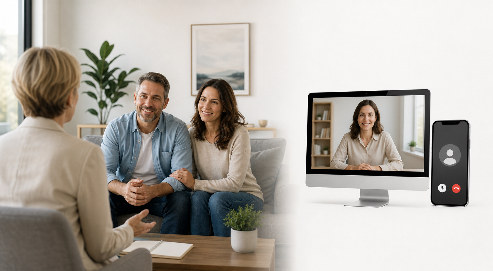 Blonde Lady Facing Couples on Couch and Tech Devices